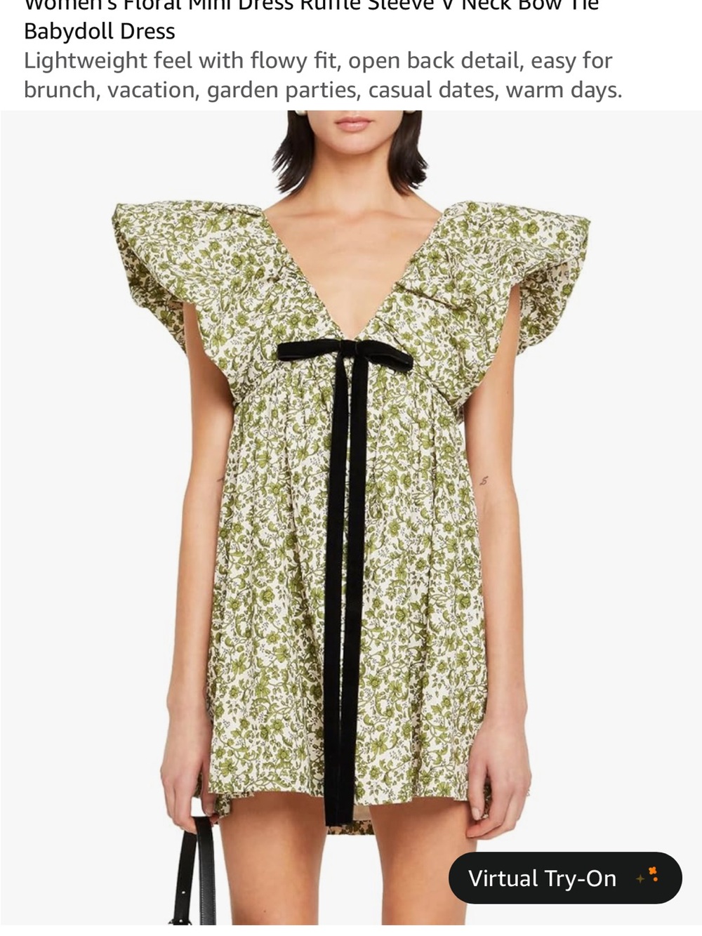 Amazon Green Floral Babydoll Mini Dress with Black Bow